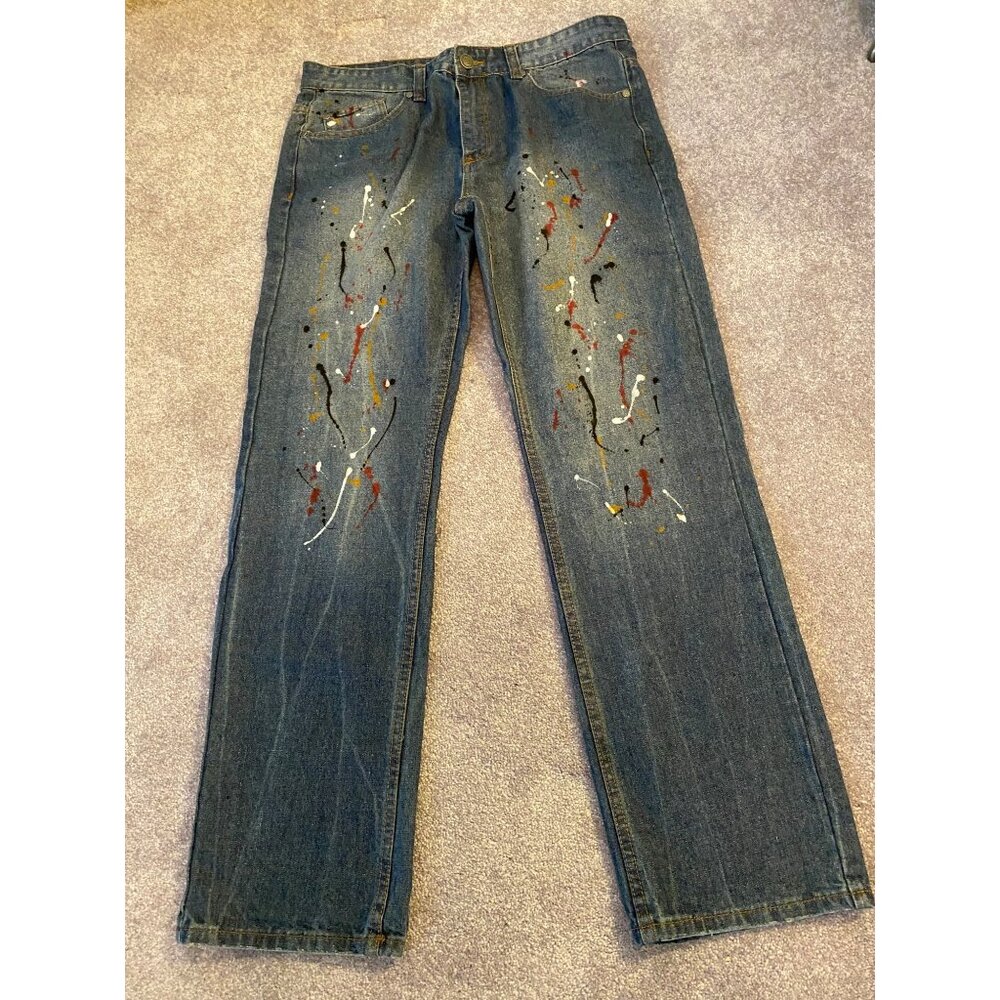 Enyce Mens Distressed Denim Jeans With Paint Splatter Design 34/32